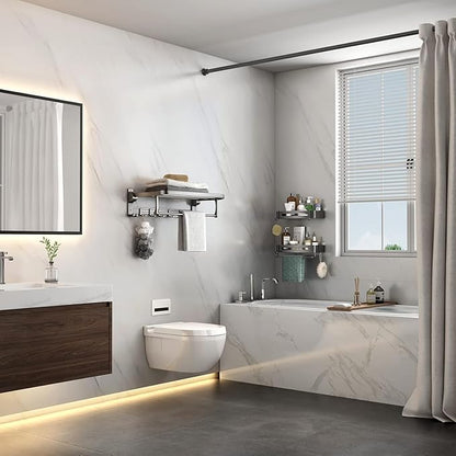Bathroom Towel Rack with Towel Bar and Hooks 23.6 in Foldable Towel Shelf Wall Mounted Lavatory Towel Organizer Modern Gray Finish