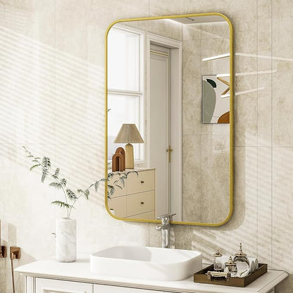 Easly 20 x 28 Inch Bathroom Mirror, Rounded Rectangular Vanity Mirror for Wall, Modern Mirror for Room Decor, Gold Framed Wall-Mounted Mirrors for Home Decor, Hangs Horizontally or Vertically