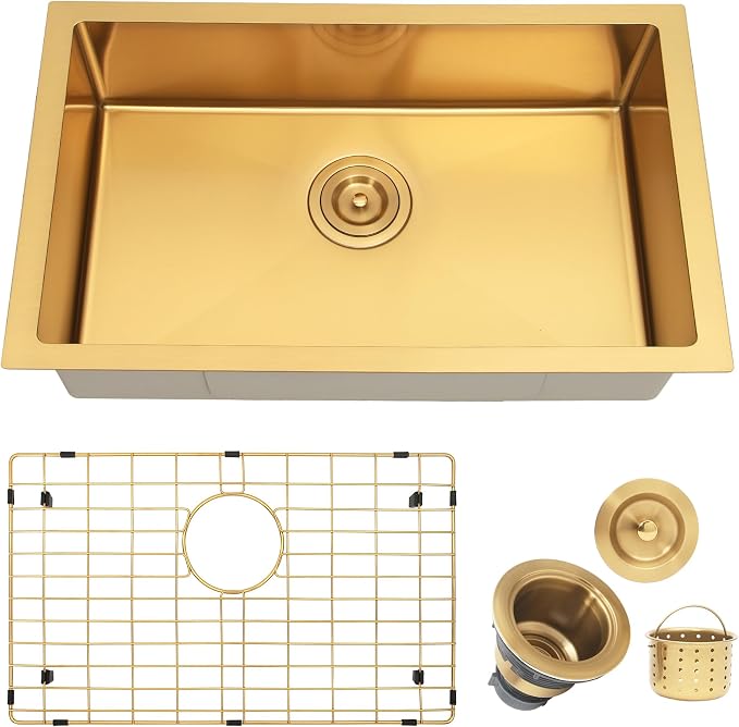 Kitsitchen Gold RV Kitchen Sink 25 x 16, Stainless Steel Single Bowl | 16 Gauge T304 Material Undermount Kitchen Sink, 7" Deep, with Strainer & Bottom Gird,for Outdoor, Bar, Laundry Room and RV