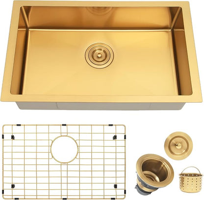 Kitsitchen Gold RV Kitchen Sink 25 x 16, Stainless Steel Single Bowl | 16 Gauge T304 Material Undermount Kitchen Sink, 7" Deep, with Strainer & Bottom Gird,for Outdoor, Bar, Laundry Room and RV
