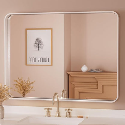 TETOTE 40 x 30 White Frame Mirror for Bathroom Metal Frame Wall Mounted Rectangle Mirror for Vanity with Sandy Textured Surface(Horizontal/Vertical)