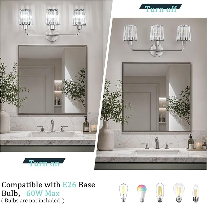Brushed Nickel Vanity Lights 3-Light Crystal Bathroom Light Fixtures | Modern Bathroom Vanity Light E26 Wall Light over Mirror (Exclude Bulb)