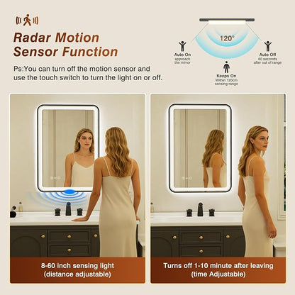 24x32 Inch Black Framed LED Bathroom Mirror with Lights,Smart Bathroom Mirror,Motion Sensor,Anti-Fog,Stepless Dimmable & 3 Colors,Memory,Vanity Mirror for Wall