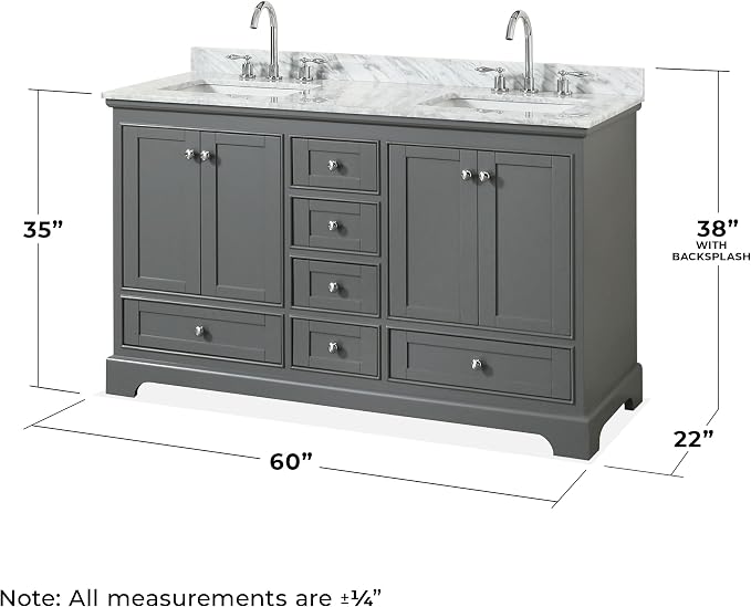 Wyndham Collection Deborah 60 inch Double Bathroom Vanity in Dark Gray, White Carrara Marble Countertop, Undermount Square Sinks, and No Mirror