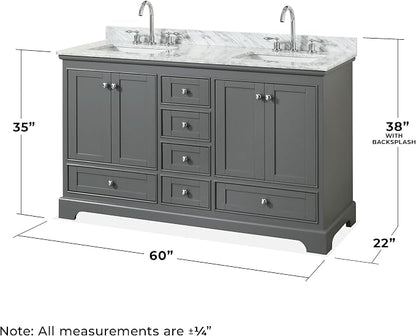Wyndham Collection Deborah 60 inch Double Bathroom Vanity in Dark Gray, White Carrara Marble Countertop, Undermount Square Sinks, and No Mirror