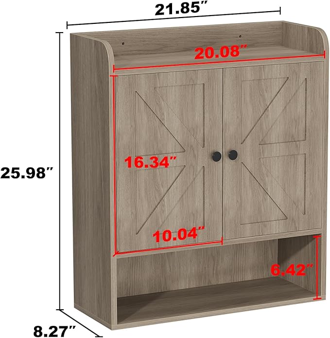 EasyCom 22" W x 26" H Bathroom Wall Cabinet, Farmhouse Medicine Cabinet with Adjustable Shelves and Double Barn Doors, Over The Toilet Storage Cabinet for Bathroom, Kitchen, Living Room, Oak Grey