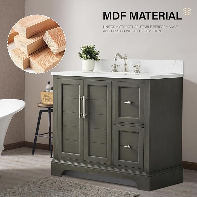 HOMEBEYOND 36 Inch Bathroom Vanity with Single Sink & Ceramic Top, Vanity Cabinet with Center Countertop Basin, Soft-Closing Doors, Backsplash,Sliver Grey