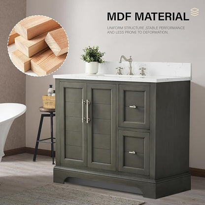 HOMEBEYOND 36 Inch Bathroom Vanity with Single Sink & Ceramic Top, Vanity Cabinet with Center Countertop Basin, Soft-Closing Doors, Backsplash,Sliver Grey