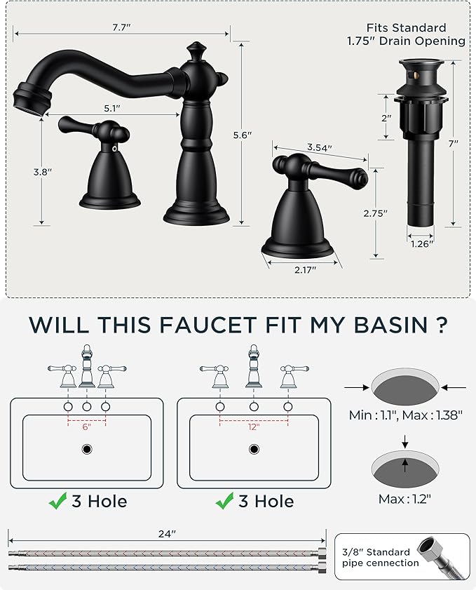 FORIOUS Matte Black Bathroom Faucets 3 Hole, Widespread Bathoom Sink Faucet Dual Handle with Pop-Up Drain and Water Supplies for Commercial Vanity Lavatory Restroom Farmhouse