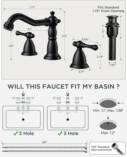 FORIOUS Matte Black Bathroom Faucets 3 Hole, Widespread Bathoom Sink Faucet Dual Handle with Pop-Up Drain and Water Supplies for Commercial Vanity Lavatory Restroom Farmhouse