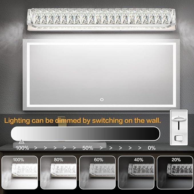 LED Vanity Lights for Bathroom - 30 inch Crystal Modern Vanity Lights - Chrome Bathroom Light Fixtures Over Mirror Cool White Light
