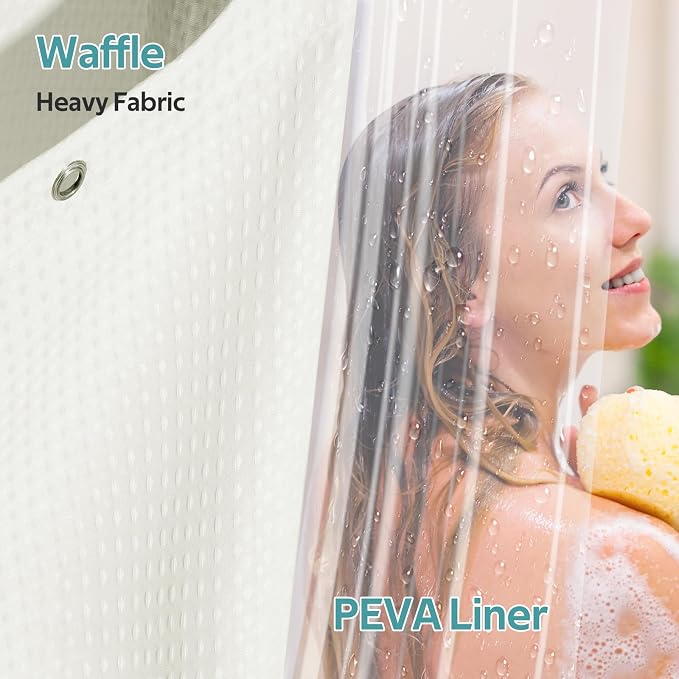 3 in 1 Shower Curtain Set, Waffle Shower Curtain and Liner Set with 12 Double Sided Shower Curtain Hooks, 258GSM Luxury Weighted Cloth Shower Curtains for Bathroom, 72 W x 84 H, Cream
