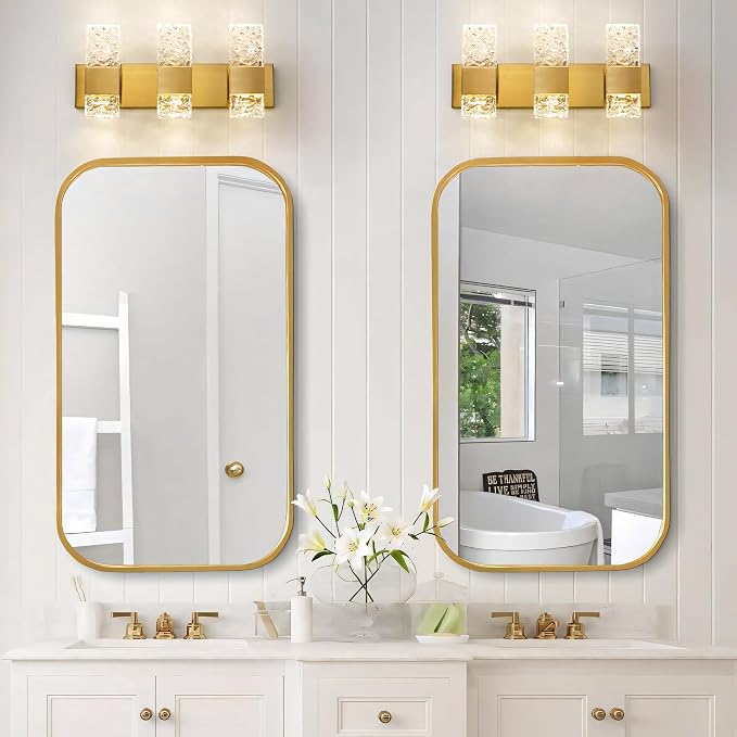 Epinl Gold Bathroom Vanity Light Fixtures Bathroom Light Fixtures Over Mirror 3-Light 4000K LED Crystal Wall Sconces Modern 30W Brushed Hardwired Wall Lights for Bathroom Bedroom Living Room
