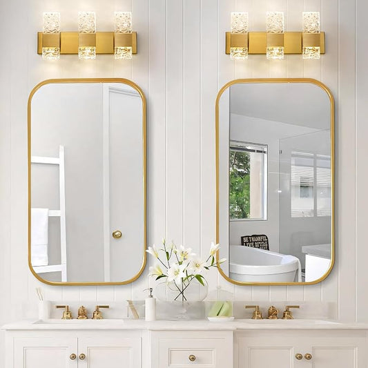 Epinl Gold Bathroom Vanity Light Fixtures Bathroom Light Fixtures Over Mirror 3-Light 4000K LED Crystal Wall Sconces Modern 30W Brushed Hardwired Wall Lights for Bathroom Bedroom Living Room