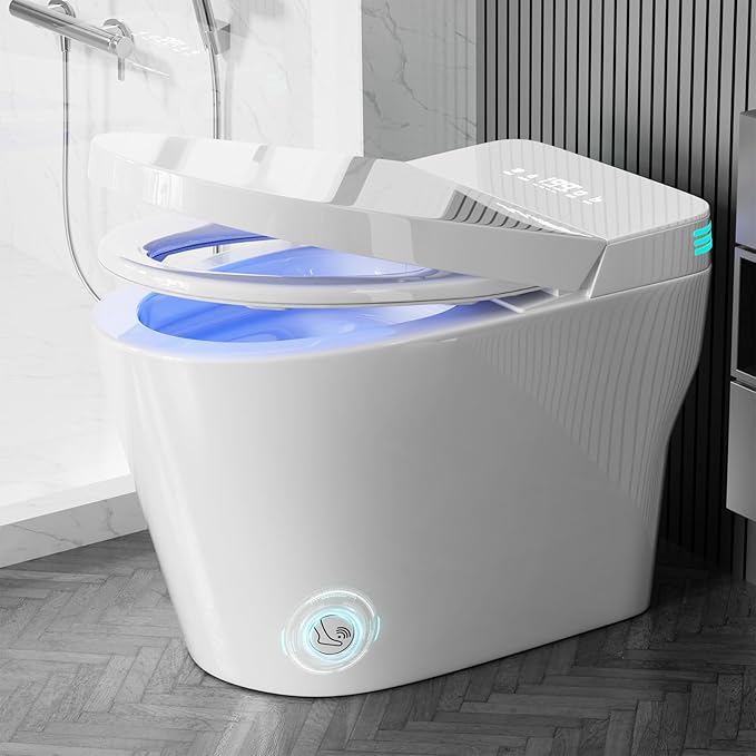 Smart Toilet with Bidet Built In ADA Height 17.7", One Piece Tankless Bidet Toilet with Auto Open Close, Foam Shield, Voice Control Modern Elongated Toilet with Heated Seat, Warm Water & Dryer
