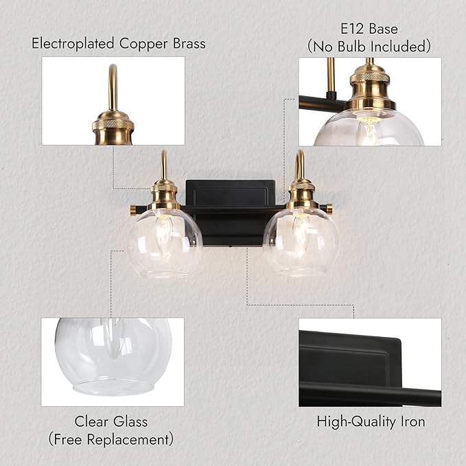 KSANA Black Gold Vanity Light, Modern 2-Light Bathroom Light Fixture with Clear Glass Globes, Electroplating Brass 14.5”L Vanity Lighting Over Mirror