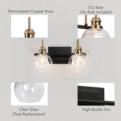 KSANA Black Gold Vanity Light, Modern 2-Light Bathroom Light Fixture with Clear Glass Globes, Electroplating Brass 14.5”L Vanity Lighting Over Mirror