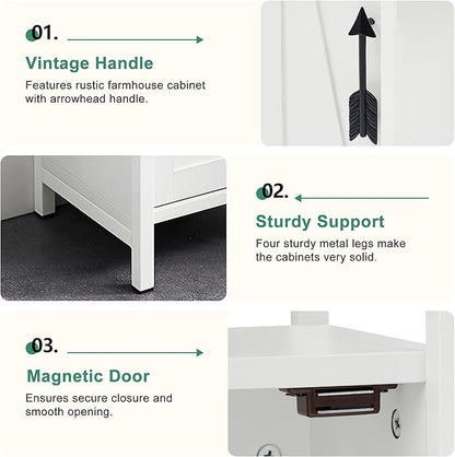 VECELO Small Bathroom Storage Cabinet with Shelves & Metal Racks, Slim Toilet Paper Holder, Bathroom Organizer Cabinet for Narrow Spaces, White, Farmhouse Style