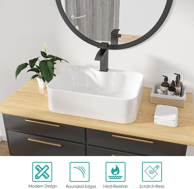 19"x15" Rectangle Bathroom Vessel Sink with Faucet Combo Porcelain Ceramic White Vanity Sink Above Counter Modern Sink with Faucet Hole for Lavatory, Hotel Art Basin, Home Washing Basin