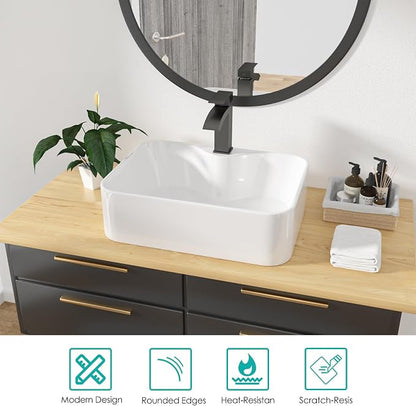 19"x15" Rectangle Bathroom Vessel Sink with Faucet Combo Porcelain Ceramic White Vanity Sink Above Counter Modern Sink with Faucet Hole for Lavatory, Hotel Art Basin, Home Washing Basin