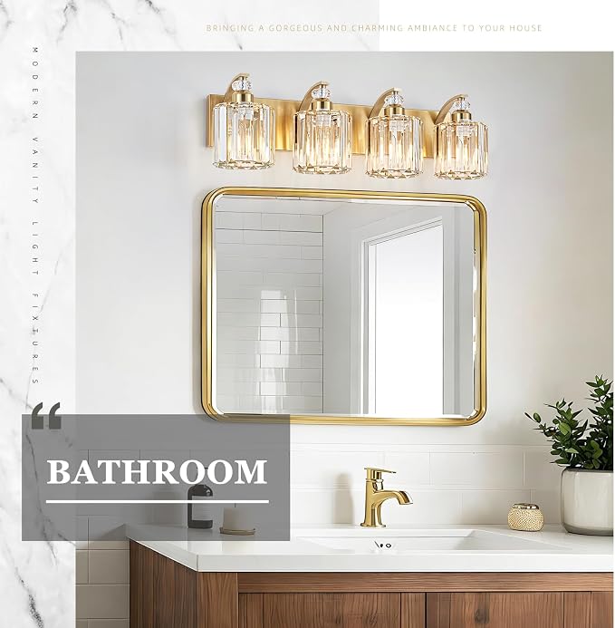 4-Lights Brushed Brass Bathroom Light Fixture Gold Vanity Lights Modern Crystal Bathroom Vanity Lighting Over Mirror Wall Sconce with K9 Crystal Shade E26 Base for Living Room, Bedroom Wall Lamp