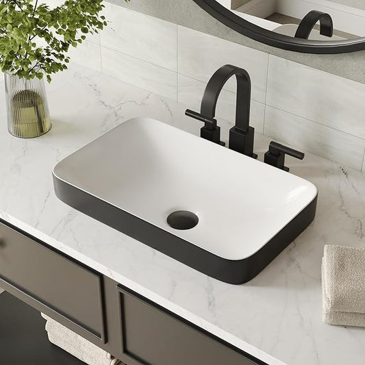 DeerValley Vessel Sink Rectangle, Black & White Semi Recessed Bathroom Sinks, 18.9"x11.61" Modern Rectangular Top Counter Bathroom Sink Porcelain Ceramic Lavatory Sink Bowl Art Basin DV-1V0233