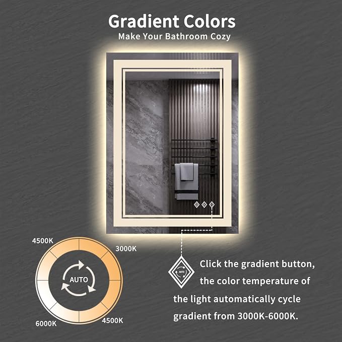 LED Mirror, 20x28 Inch Gradient Front and Backlit LED Bathroom Mirror, 3 Colors Dimmable CRI>90, IP54 Enhanced Anti-Fog Bathroom Mirror with Lights