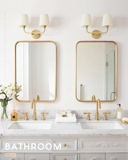 2-Light Gold Bathroom Vanity Light, Beige Pleated Fabric Shade | 17" 2-light gold double wall sconce with beige pleated fabric shades, E26 bulbs, hardwired, upward only, VL837-BG-Z-B-2