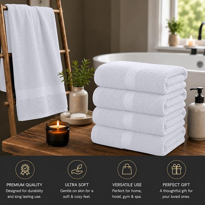 DAN RIVER 600 GSM Cotton Large Bath Towels Set of 4, 27 x 54 Inches, White | Larger & Lighter Weight Towels for Bathroom - Highly Absorbent & Quick Dry 100% Cotton Bath Towel Set for Home, Spa & Hotel