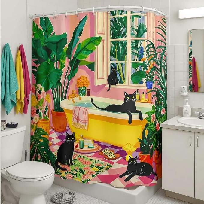 Accnicc Boho Cat Shower Curtain for Bathroom 72 X 78 Inches | Cute Funny Black Cats Matisse Long Shower Curtains, Tropical Plant Bathroom Decor, Water-Resistant Washable Polyester Fabric