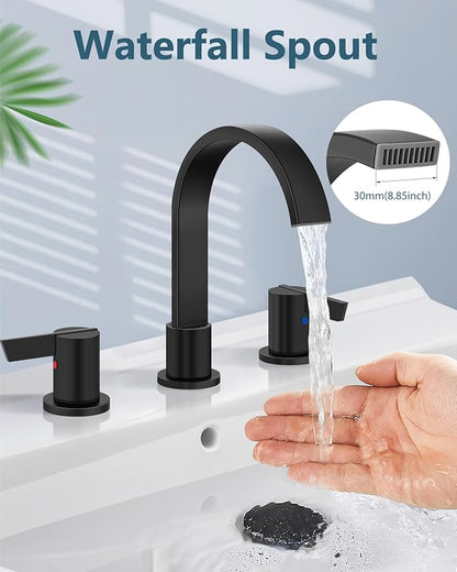 Aolemi Bathroom Faucets 3 Hole,8 Inch Widespread Waterfall Bathroom Sink Faucet,2 Handles Vanity Faucet with Pop-up Drain and Supply Hose,Matte Black