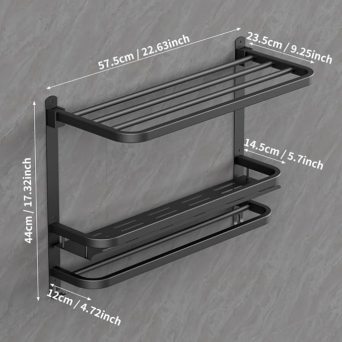 CAXIMSY 22.8Inch Towel Rack for Bathroom and Lavatory Towel Hanger with Wall Mount Towel Bars 304 Stainless Steel No Drill (Collapsible Black Towel Rack with Bathroom Organize Shower Shelves)