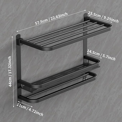 CAXIMSY 22.8Inch Towel Rack for Bathroom and Lavatory Towel Hanger with Wall Mount Towel Bars 304 Stainless Steel No Drill (Collapsible Black Towel Rack with Bathroom Organize Shower Shelves)