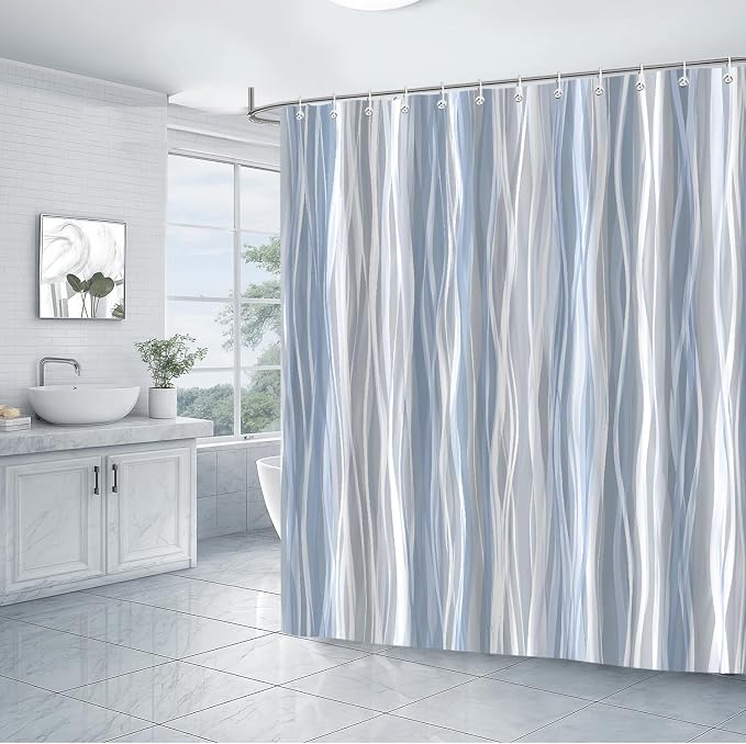 Moonslim Blue Grey Ombre Shower Curtain, Modern Wavy Abstract Striped Line Bathroom Curtain, Waterproof Fabric Bath Decor, 72 x 84 Inch