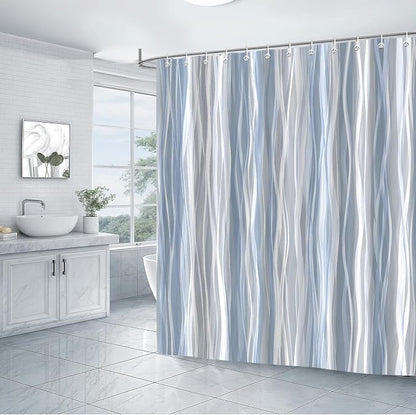 Moonslim Blue Grey Ombre Shower Curtain, Modern Wavy Abstract Striped Line Bathroom Curtain, Waterproof Fabric Bath Decor, 72 x 84 Inch