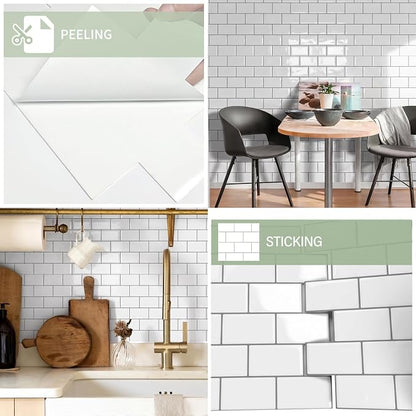 10-Sheet Thick Peel and Stick Kitchen Backsplash Tiles | 3D Subway Waterproof Self-Adhesive Wall Tile Stick on Backsplash for Kitchen and Bathroom(White Gray Grout,12"×12")
