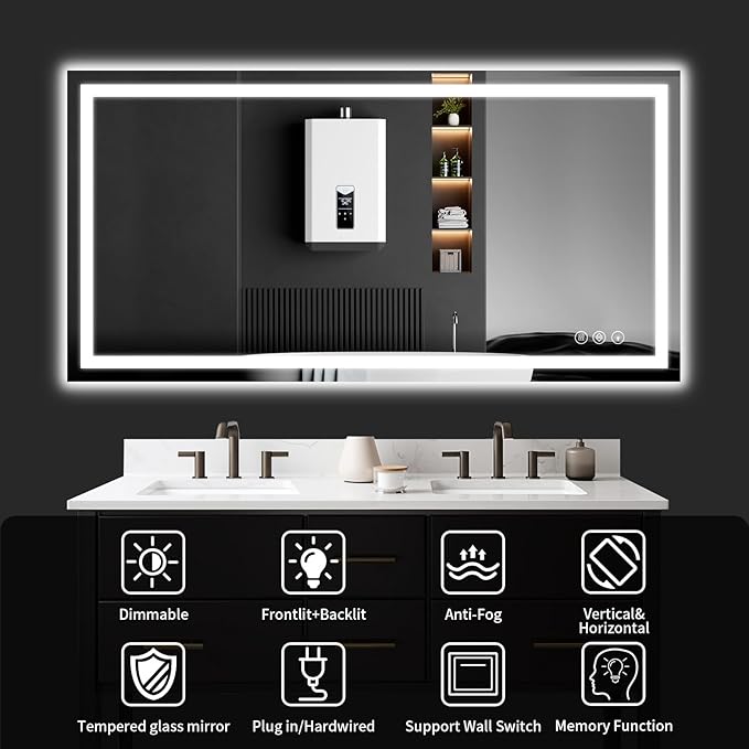 32"x50" Lighted LED Bathroom Mirror with Lights,Dimmable，Anti-Fog,Led Bathroom Vanity Mirror for Wall,Backlit + Front Lit,3 Colors,Memory Function,Shatter-Proof,Tempered Glass,Lighted Mirror