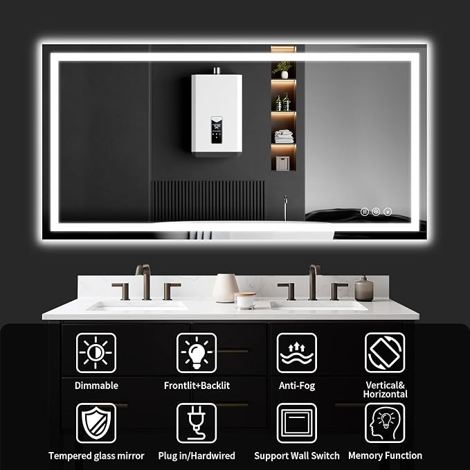 LED Bathroom Mirrors 40"x48" Bathroom Mirror with Lights for Wall, Backlit + Front Lit, 3 Colors, Anti-Fog, Dimmable Brightness for Vanity,Bathroom, Entryway, Living Room