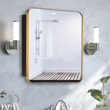 16’’x20’’ Medicine Cabinet,Metal Framed Medicine Cabinet Mirror with Round Corner,Recessed and Surface Mount Bathroom Mirror with Storage, Removeable Shelves,Gold