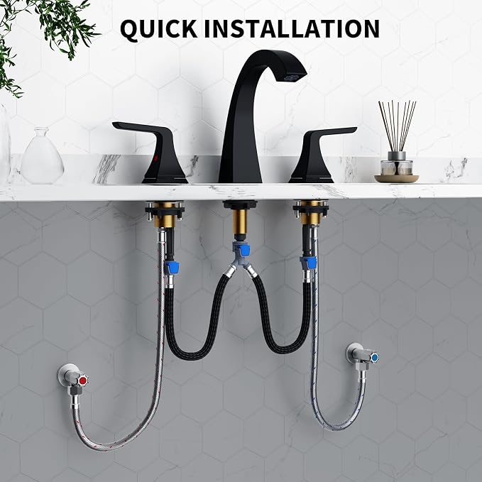 Bathroom Sink Faucet 8 inch, 3 Hole, NSF Certified, Matte Black | Modern Bathroom Faucet for Bathroom Sink and RV with Pop-Up Drain and Water Supply Lines