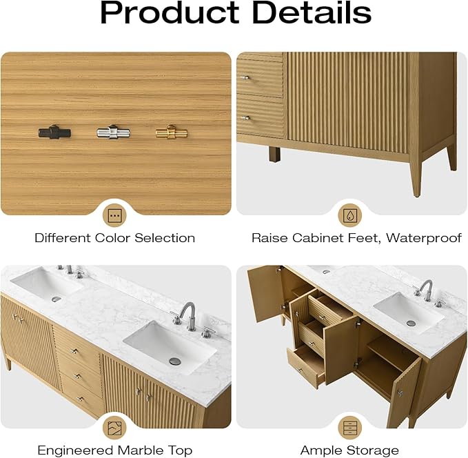 Vanity Art 60 inch Oak Bathroom Vanity with Single Sink & Ceramic Top, Vanity Cabinet with Soft-Closing Door, Solid Wood Frame, Linear Pattern, Natural Oak, VA9160-SNO-MB,Matte Black Handles