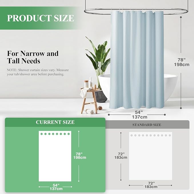 Stall Waffle Shower Curtain 256 GSM Heavy Fabric 54x78 Fog Blue | 54 x 78 Inch Long, Thick Cloth, Weighted Hem, Water Repellent, Hotel Luxury Polyester Shower Curtains for Bathroom 10 Hooks