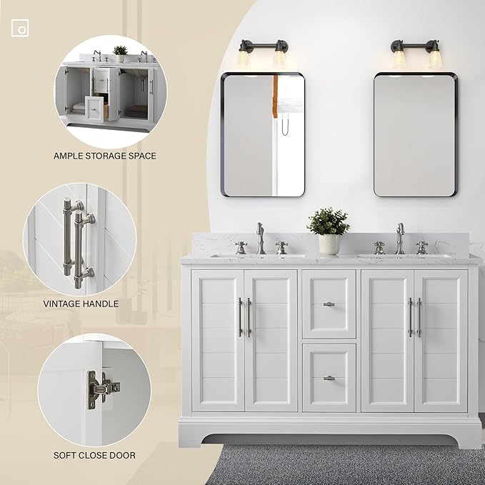 HOMEBEYOND 54 Inch Bathroom Vanity with Double Sink & Ceramic Top, Vanity Cabinet with Center Countertop Basin, Soft-Closing Doors, Backsplash, White