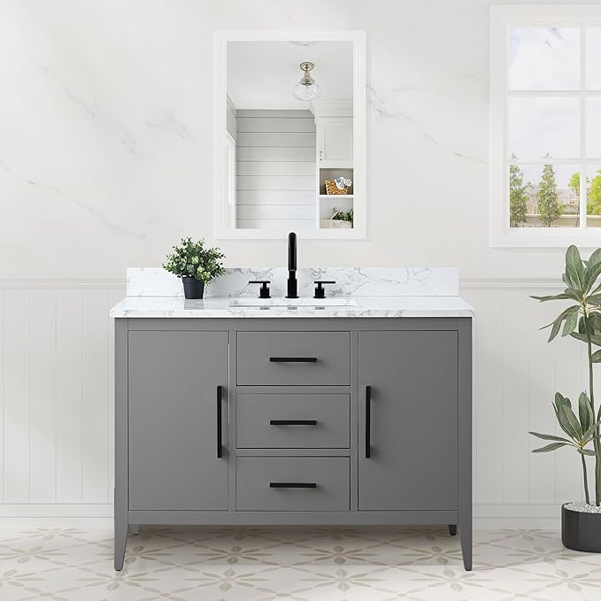 HomeBeyond 48 Inch Bathroom Vanity with Sink & Ceramic Top, Single Vanity Cabinet with Basin, Soft-Closing Doors & Matte Black Hardware, Grey
