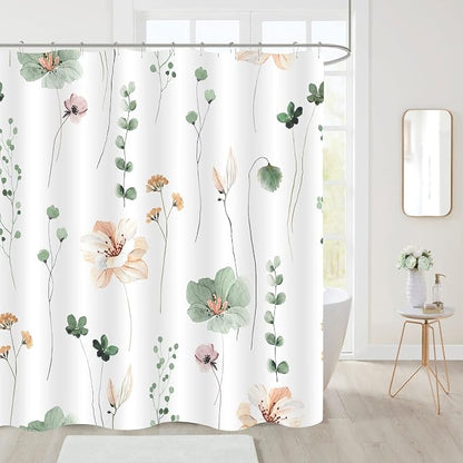 Sage Green Beige Watercolor Floral Fabric Shower Curtain, 72x90 | Waterproof Fabric, Modern Minimalist Floral Print, Machine Washable, Rustproof Grommets, for Bathroom Home, Extra Long