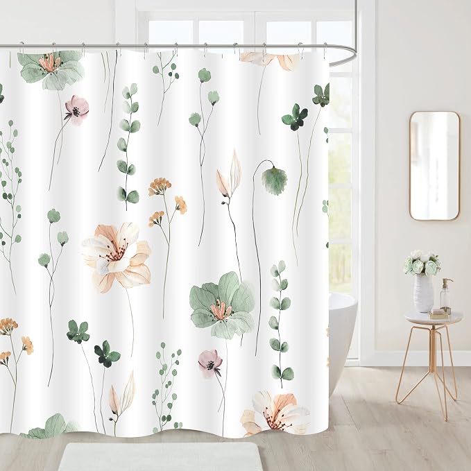 Sage Green Beige Watercolor Floral Fabric Shower Curtain, 108x72 | Waterproof Fabric, Modern Minimalist Floral Print, Machine Washable, Rustproof Grommets, for Bathroom Home, Extra Wide
