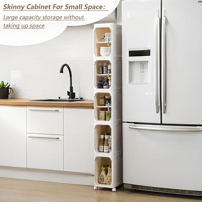 5-Tier Narrow Storage Cabinet Slim Bathroom Tall Skinny Organizer，Beige | Foldable Storage Cabinet with Lockable Rolling Wheels Magnetic Clear Door Adjustable Detachable Shelves For Narrow Space