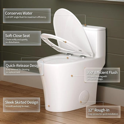 DeerValley Compact One-Piece Toilet 1.28 GPF Single Flush Fully Skirted Bowl with Soft-Close Seat White Space-Saving Elongated Toilets for Small Bathrooms