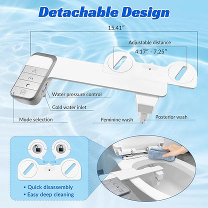 Bidet Attachment for Toilet,0.23 In Ultra Thin, Dual Nozzles,Cold Water | Self-Cleaning Nozzles,Adjustable Water Pressure,One Click Detach,Rotate Button Control,Fits Most Toilets,White,Square