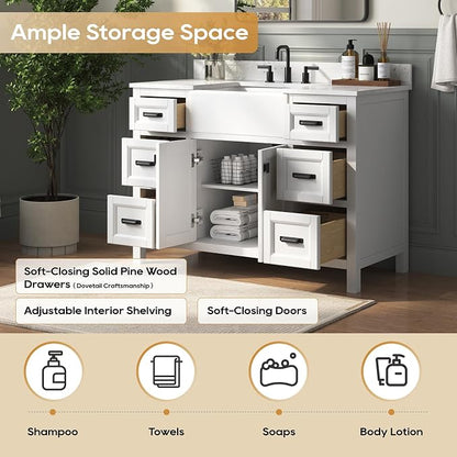 48 Inch White Bathroom Vanity with Sink, Farmhouse Bathroom Sink Cabinet with Soft Closing Doors & Dovetail Drawers, Single Apron Farm Sink, No Assembly Required